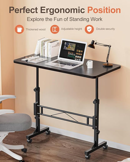 Small Standing Desk Adjustable Height, Mobile Stand Up Desk with Wheels, 32 Inch Portable Rolling Desk Small Computer Desk (Wood Grain Black)