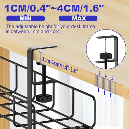 Under Desk Cable Management Tray, 15.7'' No Drill Steel Desk Cable Organizers, Wire Management Tray Cable Management Rack, Desk Cable Tray with Wire Organizer and Desk Cord Organizer