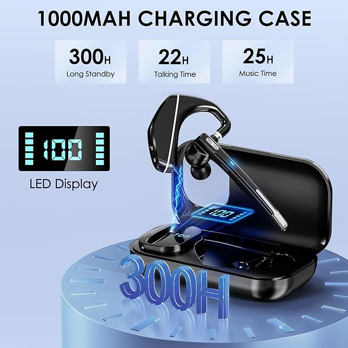 Bluetooth Headset V5.3, Wireless Earpiece with 1000mAh Charging Case, 96H Talktime, Hands Free Noise Canceling Headphones with Dual-Mic for Computer Cell Phones Trucker Home Office Work