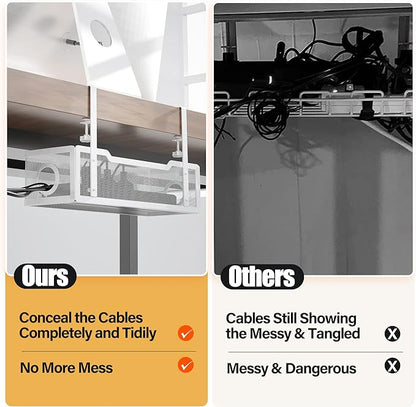 Under Desk Cable Management Tray White, Cinati Cable Management Under Desk No Drill, Cable Tray with Clamp for Desk Wire Management,Desk Cable Management Box for Office, Home - No Damage to Desk
