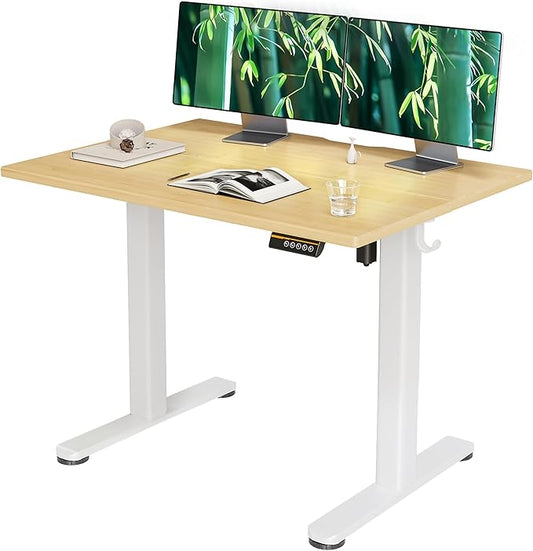 Bamboo Electric Standing Desk, Adjustable Height Stand up Desk, 40x24 Inches Sit Stand Home Office Desk with Splice Board, White Frame/BambooTop