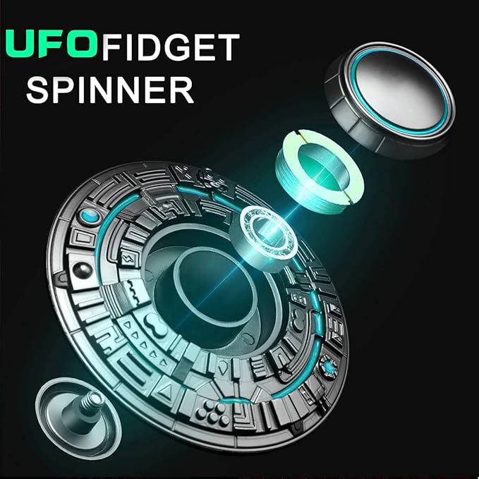 Cool Spaceship Fidget Spinners Metal, UFO Finger Hand Spinner 3 to 5 Mins Spinning Top, Anti Anxiety Stress Relief Toys Gift for Kids Adults, Luminous Night Effects, Desk Toy for Office