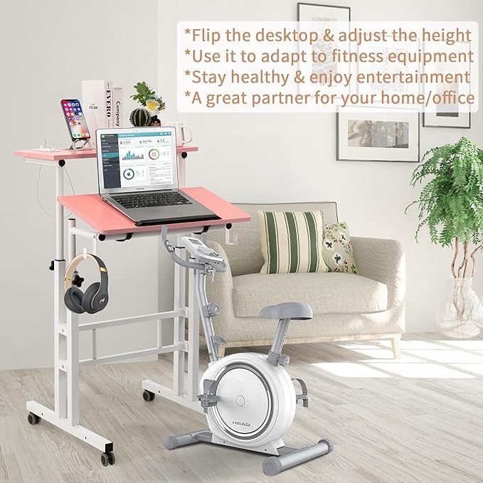 SIDUCAL Mobile Stand Up Desk, Adjustable Laptop Desk with Wheels, Home Office Workstation with USB Ports and Outlets,