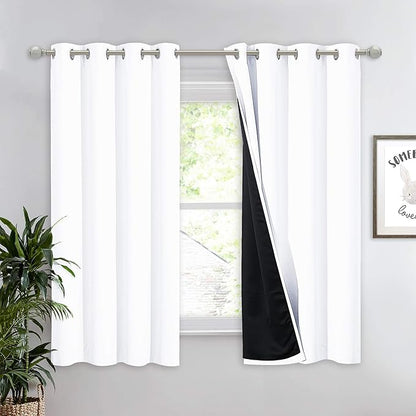 NICETOWN White 100% Blackout Lined Curtain, 2 Thick Layers Completely Blackout Window Treatment Thermal Insulated Drape for Kitchen/Bedroom (1 PC, 52 inches Width x 63 inches Length Each Panel)