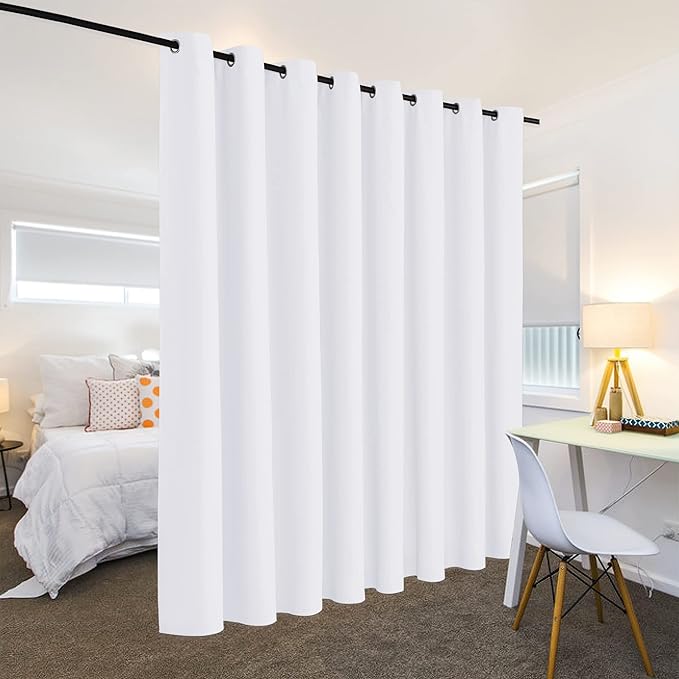 RYB HOME White Curtains Room Divider - Heavy Duty Privacy Room Darkening Curtain Blinds for Living Room Dining Cafe Patio Door Guest Room Hotel, Width 15 ft x Length 9 ft, Pure White