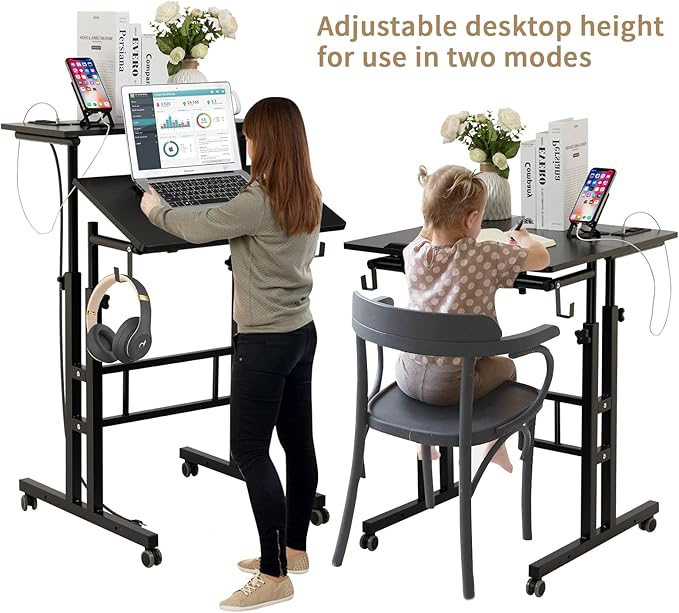 SIDUCAL Mobile Stand Up Desk, Adjustable Laptop Desk with Wheels, Home Office Workstation with USB Ports and Outlets, Rolling Desk Laptop Cart for Standing or Sitting, Black