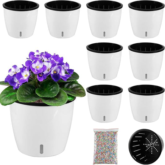 8 Pack-6.7 Inch White Self Watering Pots for Indoor Plants with Water Indicator and Black Wick Pots, Large African Violet Pots, Self Watering Planters for Devil's Ivy, Indoor Plant Pots for Orchid