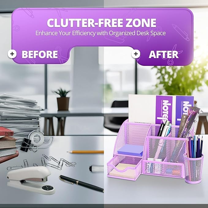 Flexzion Desk Top Caddy Organizer - Purple Office Desk Accessories Organizer and Storage - Metal Mesh Desk with 6 Compartments, Drawer and Pen Holder