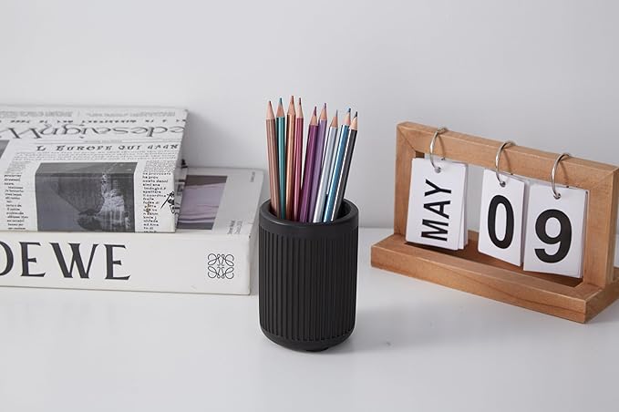 Set of 3 - Aesthetic Concrete Pen Holder for Desk - Handmade Modern Fluted Cement Pencil Holder for Desk - Striped Pen Cup Organizer- Minimalist Office Decor Pen Holders- Pencil Holders- Pen Cups