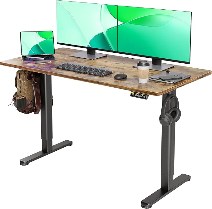 Electric Standing Desk, Adjustable Height Stand up Desk, 55x24 Inches Sit Stand Home Office Desk with Splice Board, Black Frame/Rustic Brown Top