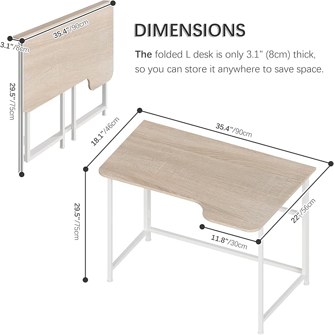 4NM 35.4" Small L Shaped Desk, Folding Computer Desk Home Office Desk, Foldable Bed Desk for Laptop for Small Space Offices - Natural and White