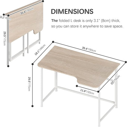 4NM 35.4" Small L Shaped Desk, Folding Computer Desk Home Office Desk, Foldable Bed Desk for Laptop for Small Space Offices - Natural and White