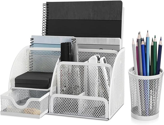 Flexzion Desk Top Caddy Organizer - White Office Desk Accessories Organizer and Storage - Metal Mesh Desk with 6 Compartments, Drawer and Pen Holder