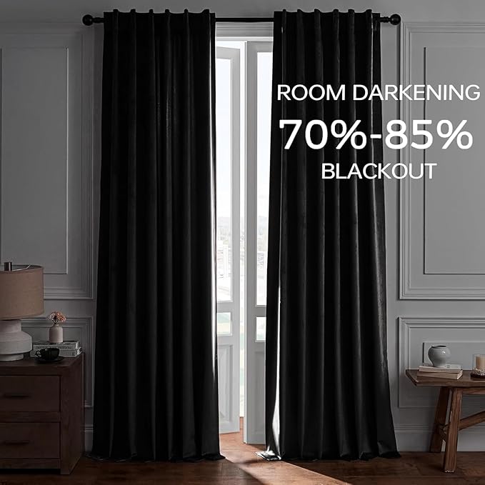 Topfinel 72 Inch Black Velvet Curtains for Living Room,Rod Pocket Back Tab Thermal Insulated Blackout Drapes for Bedroom/Sliding Glass Door,2 Panels,W52 x L72