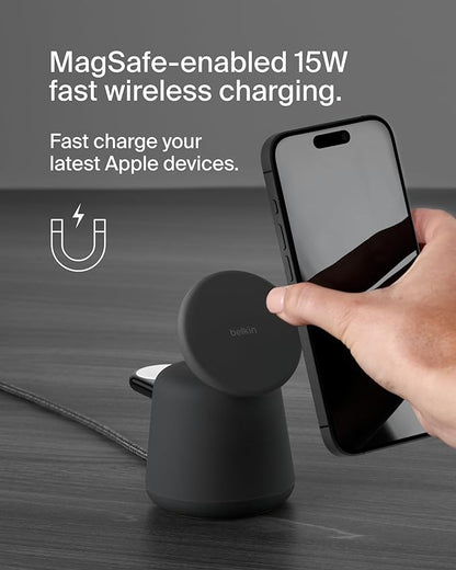 Belkin 2-in-1 MagSafe Wireless Charging Dock 15W Fast Charge iPhone Charger Compatible with iPhone 16, 15, 14, and 13 Series, AirPods, and Other MagSafe Enabled Devices, Includes Power Supply - Black