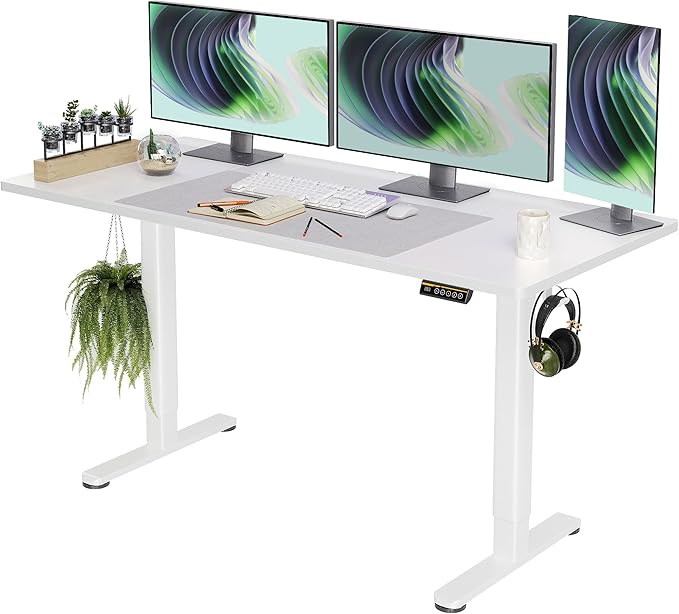 Electric Standing Desk, Adjustable Height Stand up Desk, 63x24 Inches Sit Stand Home Office Desk with Splice Board, White Frame/White Top