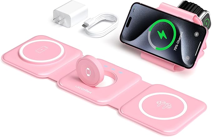 UCOMX 3 in 1 Charging Station for Multple Devices,Foldable 3 in 1 Wireless Charger for Travel,Nano Wireless Charging Station for iPhone16 15 14 13 12 Pro Max/Watch 10 9 8 7 6 5 4 3 Ultra/AirPod Pro