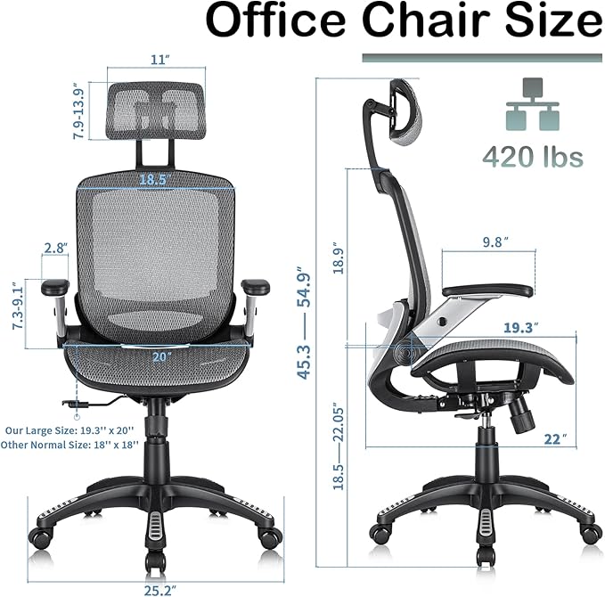 SUNNOW Ergonomic Office Chair, Mesh Home Desk Chair with Flip-Up Arms, 3D Headrest, 90°-120° Tilt Lock and Wide Cushion, High Back Big and Tall Computer Gaming Chairs, Swivel Executive Task Chair