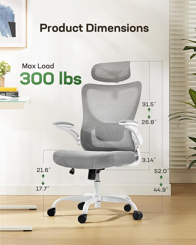 Marsail Ergonomic Office Chair: Office Computer Desk Chair with High Back Mesh and Adjustable Lumbar Support Rolling Work Swivel Task Chairs with Wheel 3D Armrests and Headrest