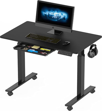 SHW Small Electric Height Adjustable Mobile Sit Stand Desk with Drawer, Hanging Hooks and Cable Management, 40 x 24 Inches, Black