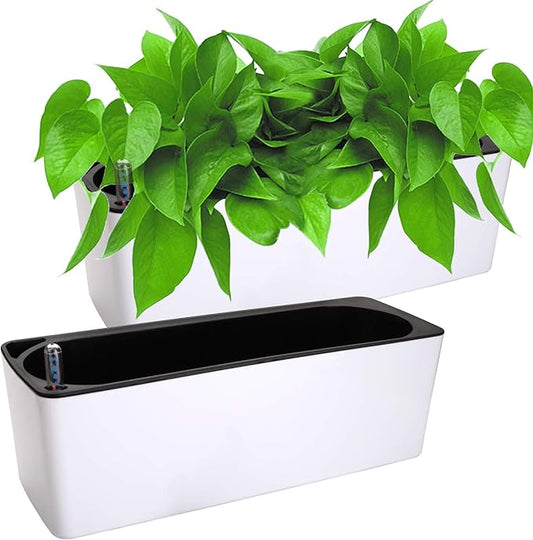 Fasmov 2 Pack Rectangle Self Watering Planter with Water Level Indicator, 16x 5.5 Inch Window Gardening Box, Decorative Planter Pot for All House Plants Flowers Herbs, Decorative Planter Pot