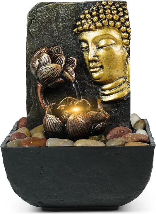 Ferrisland Water Fountain Indoor Waterfall - Buddha Fountains Indoor Exquisite Tabletop Waterfall of Zen Meditation Fountain with Light and Lotus Leaf for Bedroom Desktop and Office Home Decor