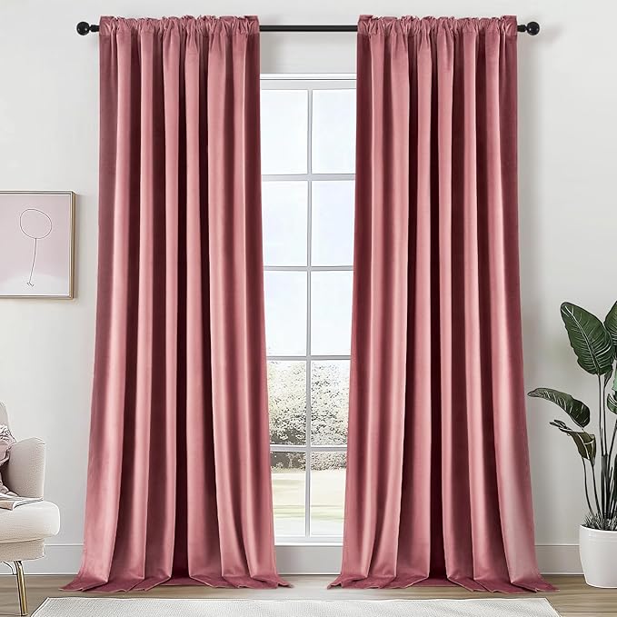 Topfinel Dusty Rose Velvet Blackout Curtains 96 Inches Long, Blush Pink Rose Gold Pleated Boho Floor to Ceiling Spring Cute Back Tab Heavy Crushed Velvet Curtains for Living Room Bedroom with Hooks