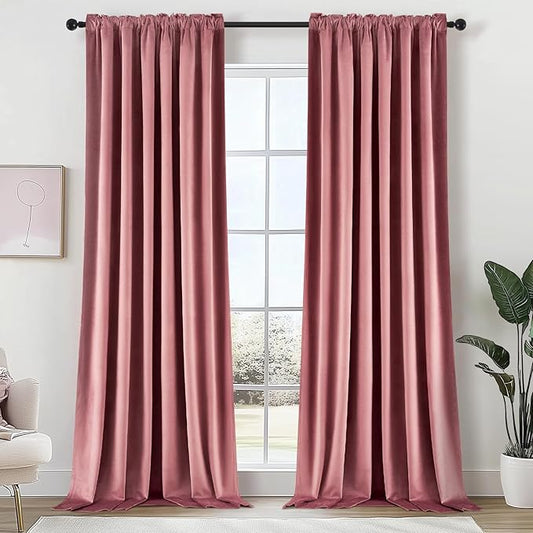 Topfinel Dusty Rose Velvet Blackout Curtains 96 Inches Long, Blush Pink Rose Gold Pleated Boho Floor to Ceiling Spring Cute Back Tab Heavy Crushed Velvet Curtains for Living Room Bedroom with Hooks