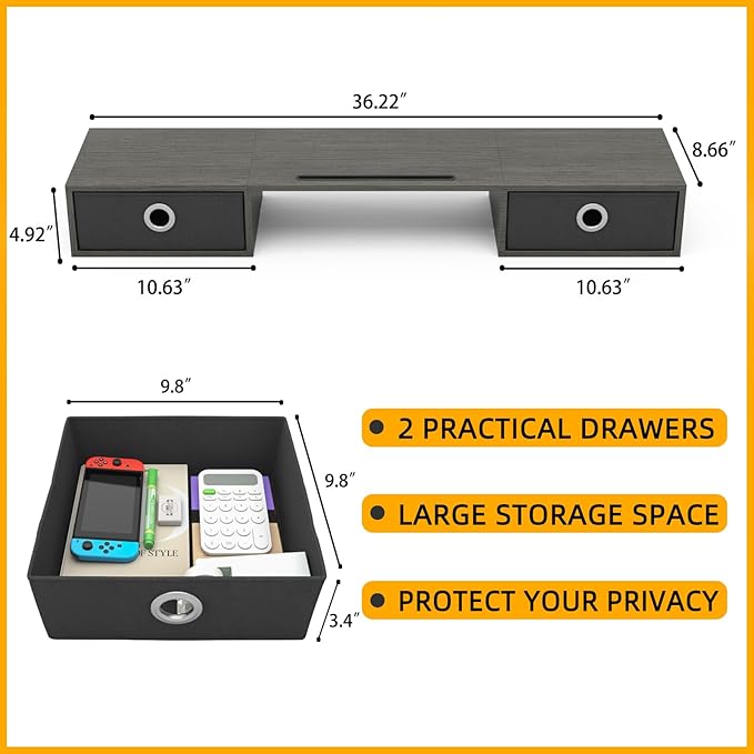 WESTREE Dual Monitor Stand Riser with Two Drawers, Extra Large Storage Monitor Stand for 2 Monitors, Desktop Oraganizer Stand for Computer,Laptop,Screen,Printer,TV