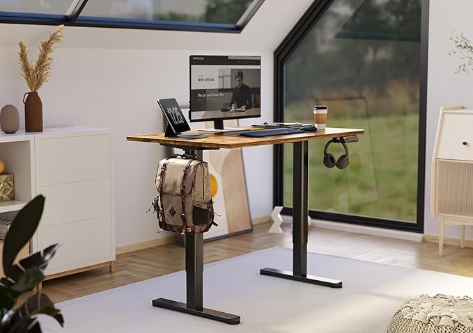 Electric Standing Desk, Adjustable Height Stand up Desk, 24x48 Inches Sit Stand Home Office Desk with Splice Board, Black Frame/Rustic Brown Top