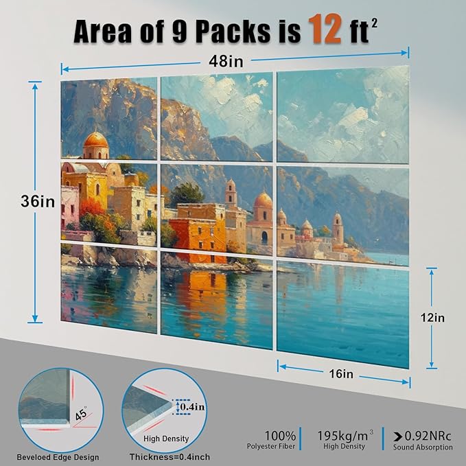 9 Pack Wall Art Acoustic Panels,48" X 36"Sound Absorbing Panels, Decorative Sound Dampening Panels, Acoustic Treatment for Studio Home and Office （Seaside castle）