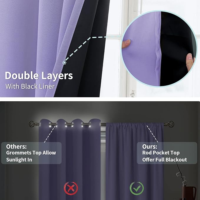 BGment Purple 100% Blackout Curtains for Bedroom 63 Inches Long with Black Liner, Thermal Insulated Double Layer Full Room Darkening Rod Pocket Curtain (52 x 63 Inch, Light Purple, 2 Panels)