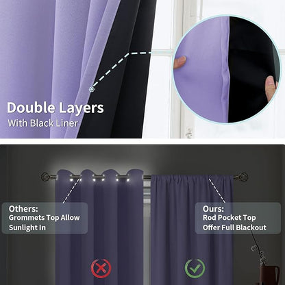 BGment Purple 100% Blackout Curtains for Bedroom 84 Inches Long with Black Liner, Thermal Insulated Double Layer Full Room Darkening Rod Pocket Curtain (42 x 84 Inch, Light Purple, 2 Panels)