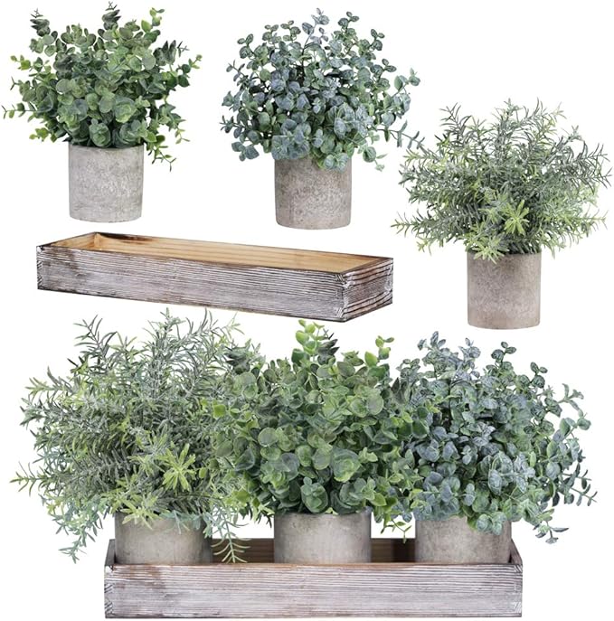 Set of 3 Mini Potted Artificial Eucalyptus Plants Faux Rosemary Plant Assortment with Wood Planter Box for Indoor Office Desk Apartment Wedding Tabletop Greenery Decorations 8.7" Tall