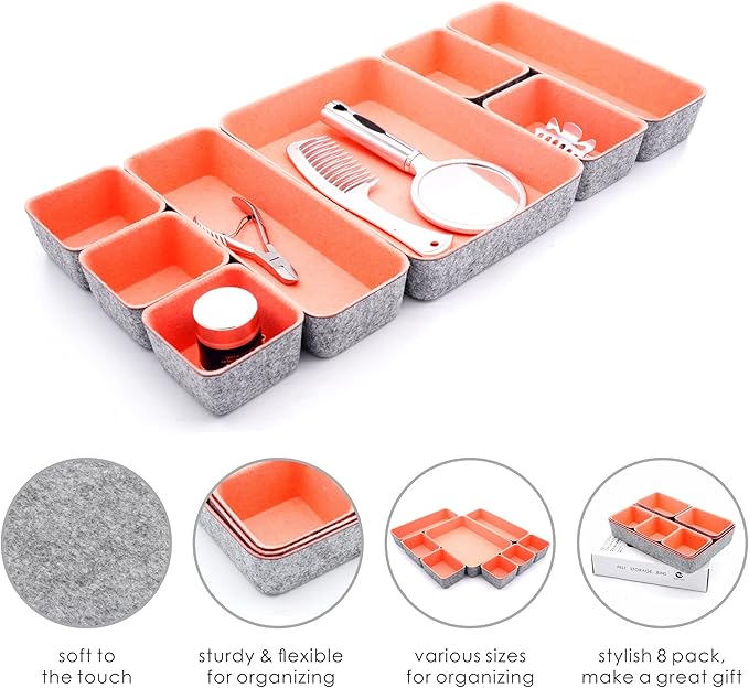 Welaxy desk drawer organizers bin trays dividers small shallow felt storage box sturdy office suppliers makeup crafts pens decluttering 8-piece gifts for women (Coral)