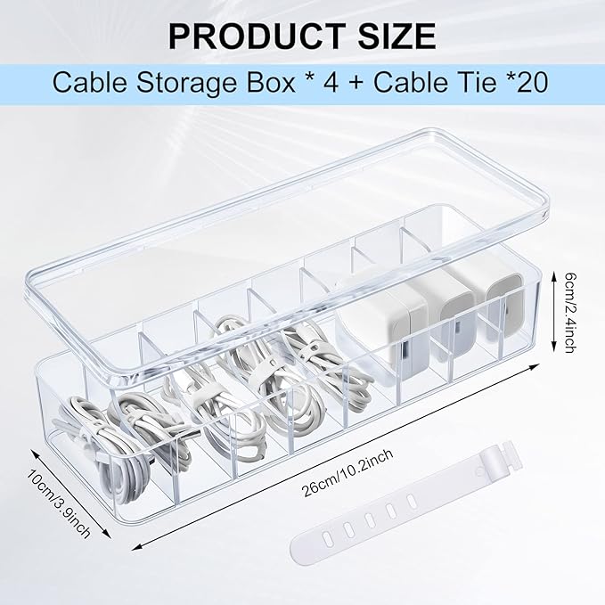 Tatuo 4 Pcs Cable Organizer with 40 Wire Ties, Clear Plastic Cord Storage Box with Lid, Electronics Charger Organizer for Home Office Desk Organizers and Accessories