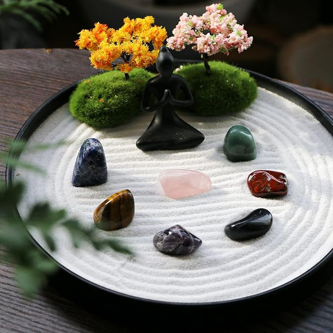 Zen Sand Garden for Desk - Tabletop Chakra Yoga Zen Garden Kit Set Japanese Crystal Quartz Rock Sand Zen Garden Home Office Spiritual Zen Gifts for Friends Adults Women