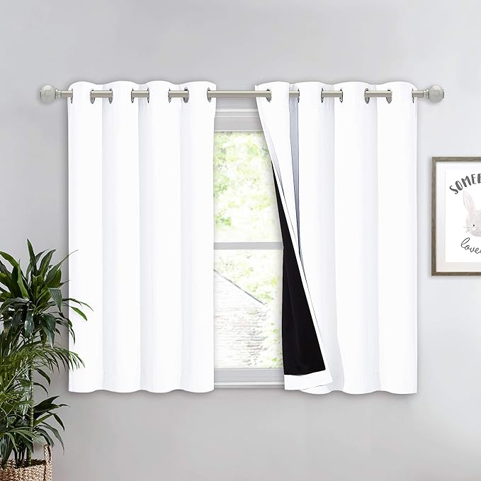 NICETOWN White 100% Blackout Curtain 45 inches Long, 2 Thick Layers Completely Blackout Window Treatment Thermal Insulated Lined Drape for Small Window (1 Panel, 52 inches Width Each Panel)