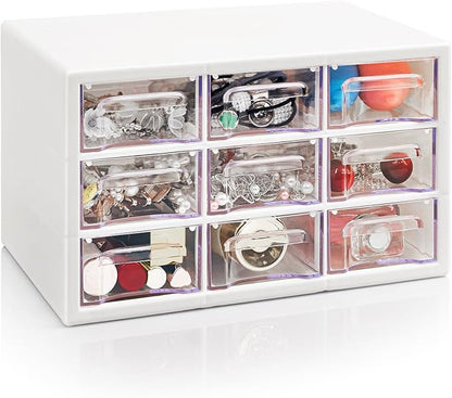 Desk Storage Organizer with 9 Drawers, FODIENS Stackable Desktop Craft Drawer Cabinet, Clear Storage Box Caddy for Makeup Jewelry Office Craft Supplies (9.84×6.3×5.9in)