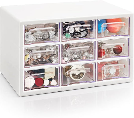 Desk Storage Organizer with 9 Drawers, FODIENS Stackable Desktop Craft Drawer Cabinet, Clear Storage Box Caddy for Makeup Jewelry Office Craft Supplies (9.84×6.3×5.9in)