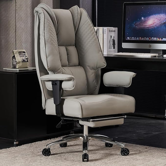 Big and Tall Office Chair 400lbs Wide Seat, Leather High Back Executive Office Chair with Foot Rest, Ergonomic Office Chair Lumbar Support for Lower Back Pain Relief (Light Grey)