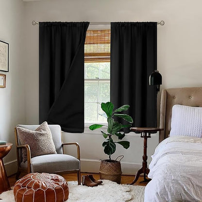 BGment Black Black Out Curtains for Bedroom Window 2 Panels Set, Bedroom Curtains Double Layer 100% Room Darkening Thermal Insulated Rod Pocket Window Curtains with Black Liner, Each 52 x 54 Inch,