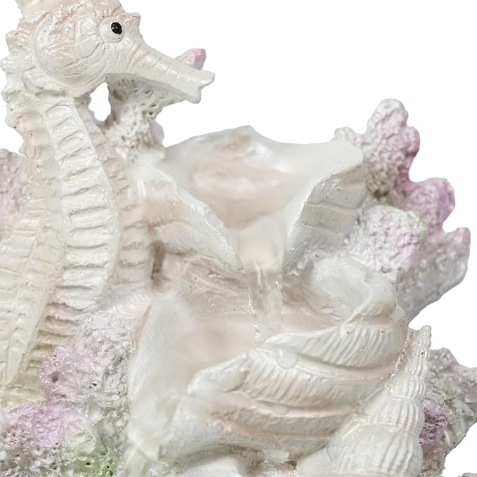 Ferrisland 3-Tier Tabletop Fountain Indoor, White Pink Resin Seahorse and Shell Water Fountain with LED Lights & Adjustable Pump & Rocks, 7" H Lightweight Mini Waterfall for Home and Office Decoration