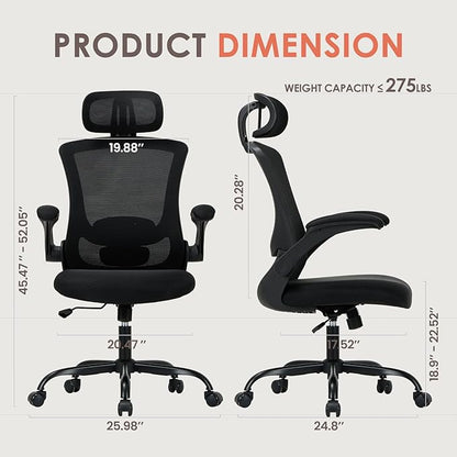 Ergonomic Mesh Office Chair, High Back Executive Desk Chair with Adjustable Headrest and Lumbar Support, Flip-Up Arms, Rocking, Swivel Rolling Computer Mesh Chair for Home Office-All Black