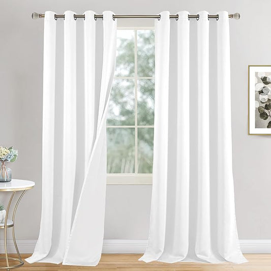 White Blackout Curtains for Living Room 90 Inch Long, Thermal Insulated 100% Room Darkening Curtains for Dining Room/Bedroom Curtains Soundproof Grommet Heavy Window Drapes, Each 52 Inch Wide