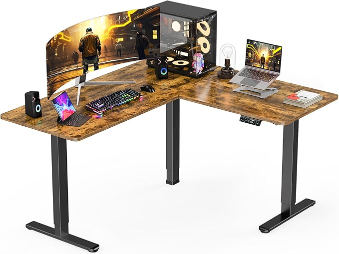 ErGear 63" Dual Motor L Shaped Standing Desk, 28"-46" Electric Height Adjustable, 2 Assembly Options to Fit Room Corner, Suitable for Sitting or Standing Up for Working or Gaming from Home, Vintage