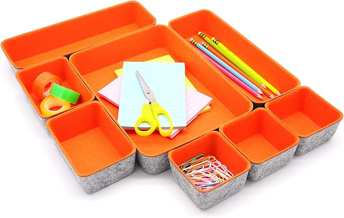 Welaxy desk drawer organizers bin trays dividers small shallow felt storage box sturdy office suppliers closet cabinet makeup crafts pens 8-piece (Orange)