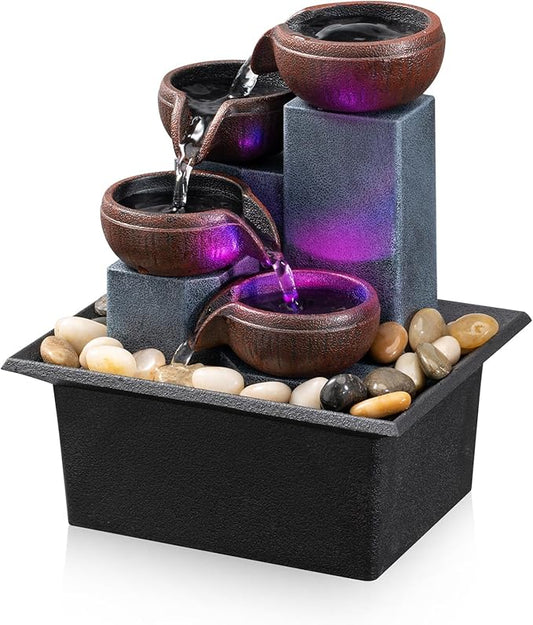 Tabletop Fountain 4 Level Small Waterfall Fountain Indoor Relaxing Water Feature Meditation Fountain for Home Office Bedroom Decoration Including LED Color Lighting and Natural Rocks