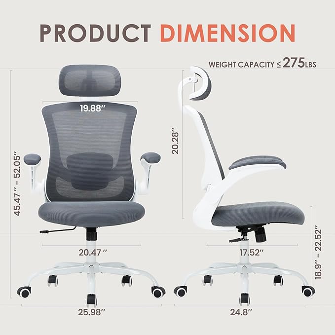 Ergonomic Mesh Office Chair, High Back Executive Desk Chair with Adjustable Headrest and Lumbar Support, Flip-Up Arms, Rocking, Swivel Rolling Computer Mesh Chair for Home Office-Grey