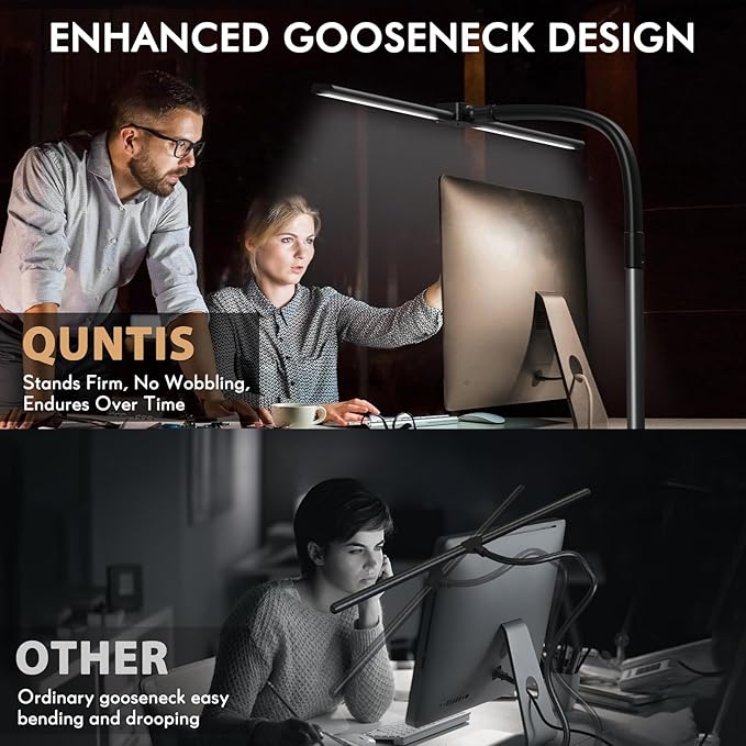 Quntis Desk Lamp for Home Office, 30.7'' Double Head Architect Desk Light with Clamp, 24W Bright 25 Lighting Modes Eye Care No Glare, Adjustable Gooseneck Task Lamp Workbench Reading Study, Gray